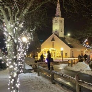 Church in the snow at Olde Mistick Village